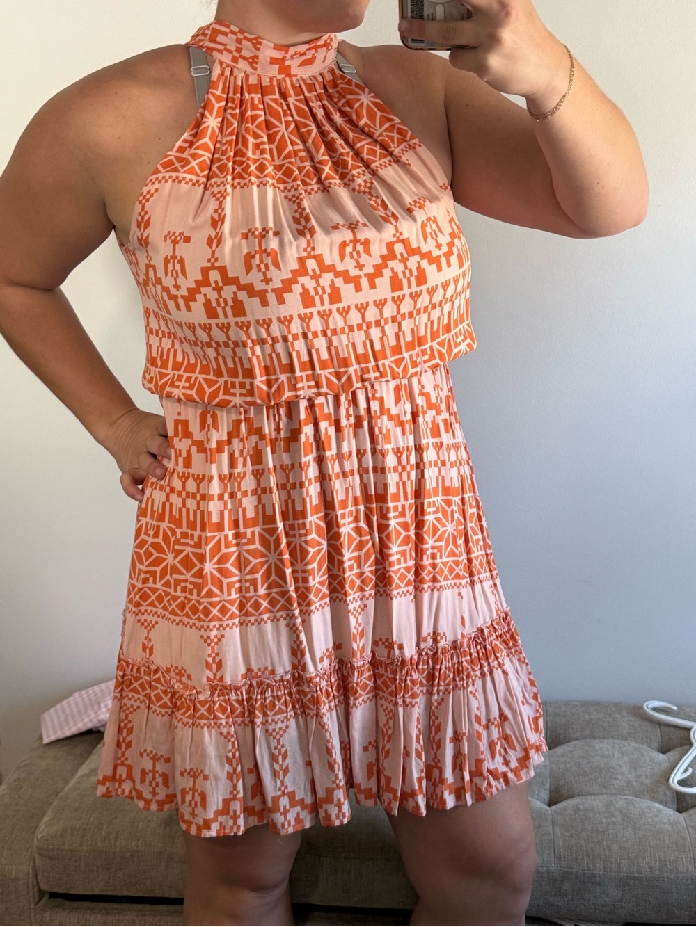 Sleeveless Orange Printed Halter Dress